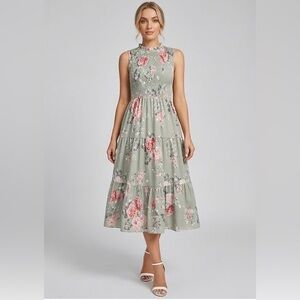 Boho Floral Shirred  Midi Dress – Sage Green & Rose